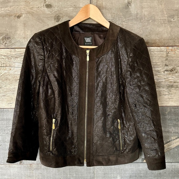 W by Worth Genuine Suede Cropped Embossed Metallic Jacket 3/4 Sleeve Zip Up XS - Picture 1 of 10